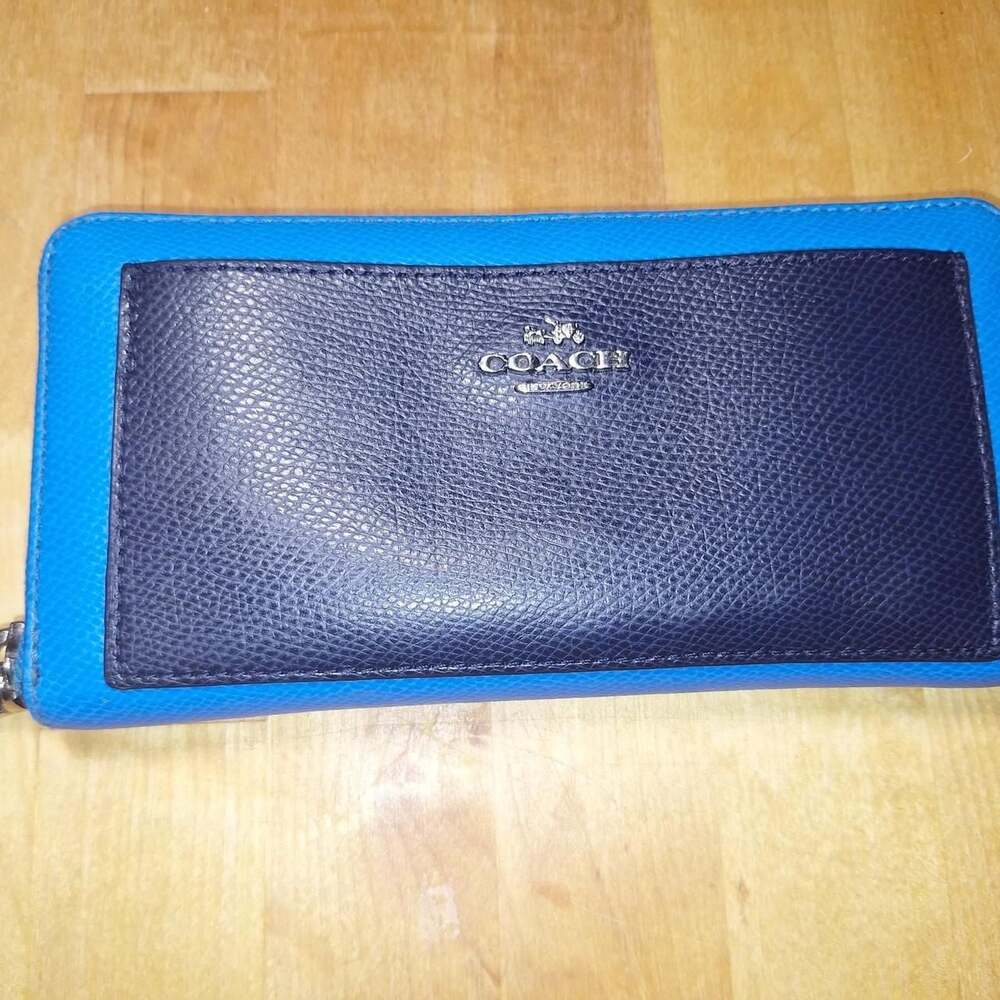 Coach Blue and Navy Saffiano Leather Accordion Zip Around Wallet